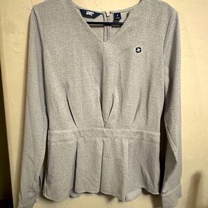 Light gray peplum style long sleeve Chase Bank uniform blouse